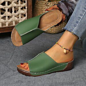 Women's Green Slip-On Comfort Sandals – Open Toe Casual Flats with Soft Sole